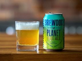 A glass filled with a pale, golden beer sits on a wooden surface next to a colorful beer can. The can features bold lettering and vibrant colors, with branding details prominently displayed.