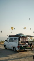 A camper van with its rear door open reveals a cozy interior setup, including a bed. The van is parked on a sandy or gravel surface, with a backdrop of hot air balloons scattered across the sky. The scene conveys a sense of adventure and travel, set against a clear sky during early morning or late afternoon. A person can be seen sitting outside, absorbed in the relaxing atmosphere.