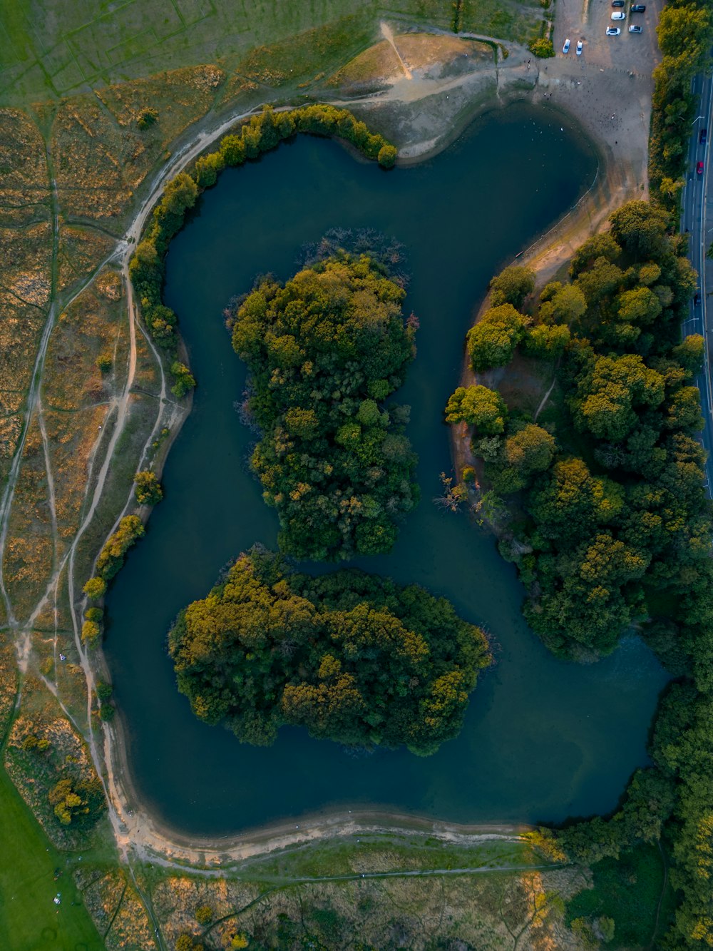 an aerial view of a lake surrounded by trees