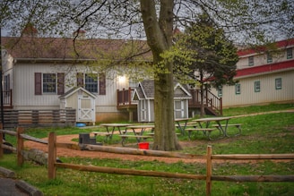 A quaint rural scene depicts several wooden buildings with red roofs, surrounded by greenery. In the foreground, a large tree stands near picnic tables and a wooden fence. The ground is lined with gravel paths leading to the small buildings.
