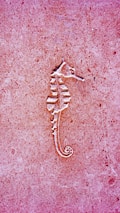 A seahorse engraving set against a textured pinkish-red stone surface. The seahorse is intricately carved, with visible details in its body structure, including the curled tail and segmented trunk.