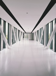 a long hallway with black and white striped walls