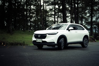 A white SUV is parked on a quiet, tree-lined road. The vehicle appears new and features sleek, modern design elements. Surrounding the car are tall pine trees, and the setting suggests a peaceful, forested area.