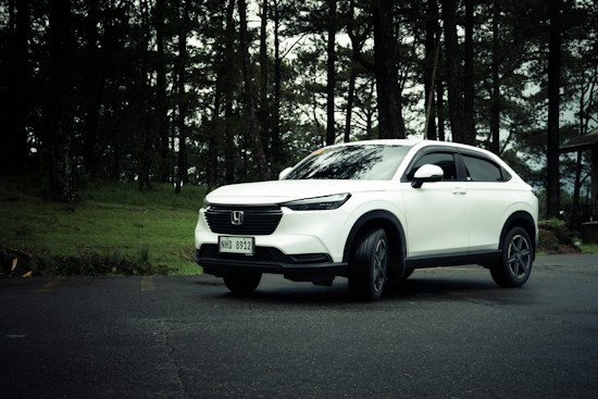 A white SUV is parked on a quiet, tree-lined road. The vehicle appears new and features sleek, modern design elements. Surrounding the car are tall pine trees, and the setting suggests a peaceful, forested area.