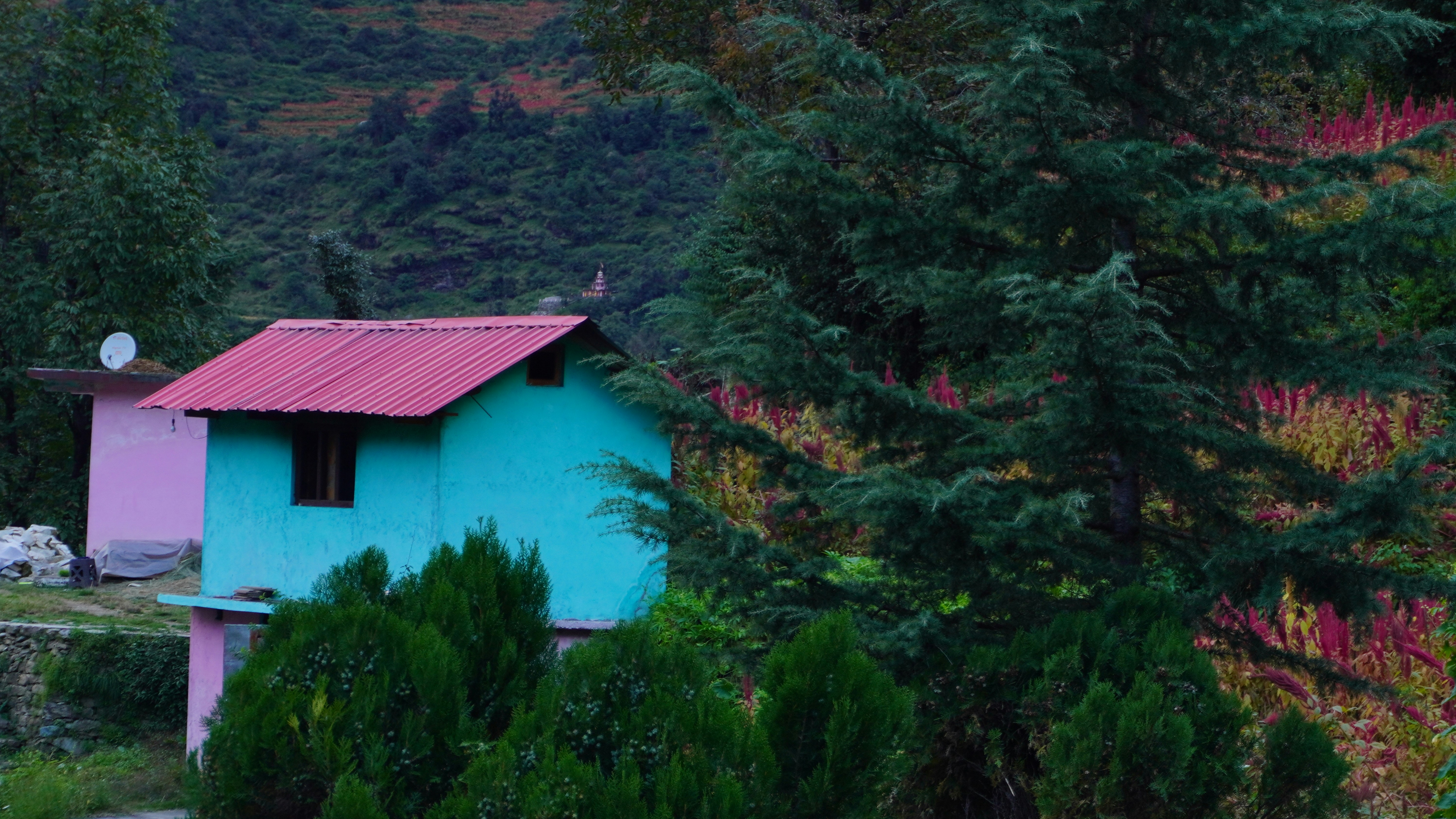 Uma pequena casa turquesa com telhado vermelho.