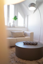 A modern, minimalistic living room with sleek furniture pieces and soft natural lighting.