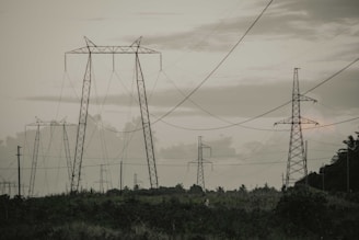 A landscape featuring several tall electrical transmission towers standing amidst an open field. The towers are interconnected by numerous power lines. The sky is overcast with a mixture of grey clouds, adding to the subdued lighting of the scene. Vegetation and distant trees line the horizon, providing a contrasting natural element to the industrial structures.