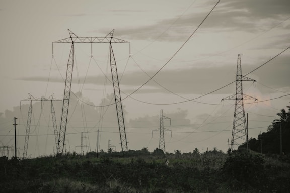 A landscape featuring several tall electrical transmission towers standing amidst an open field. The towers are interconnected by numerous power lines. The sky is overcast with a mixture of grey clouds, adding to the subdued lighting of the scene. Vegetation and distant trees line the horizon, providing a contrasting natural element to the industrial structures.