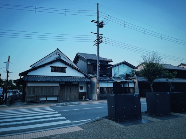A traditional Japanese-style house with wooden elements and a tiled roof is situated alongside a street featuring a crosswalk. Power lines stretch across the sky, with a clear view of modern street elements like electric boxes and a tree on the sidewalk. The evening lighting casts a gentle blue hue over the scene, merging traditional and contemporary elements.