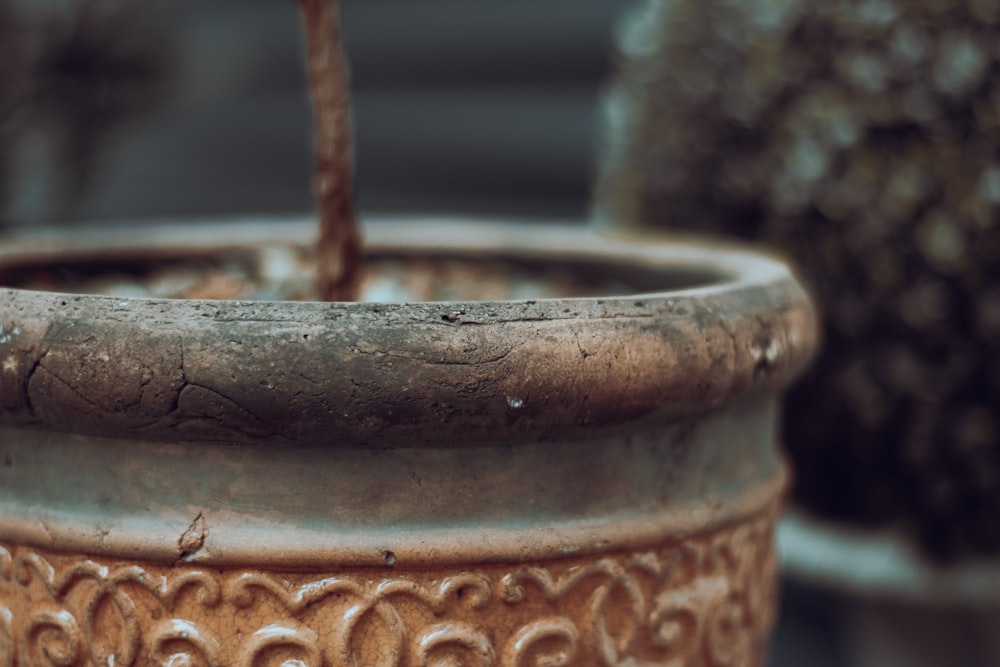 a close up of a plant pot with water coming out of it