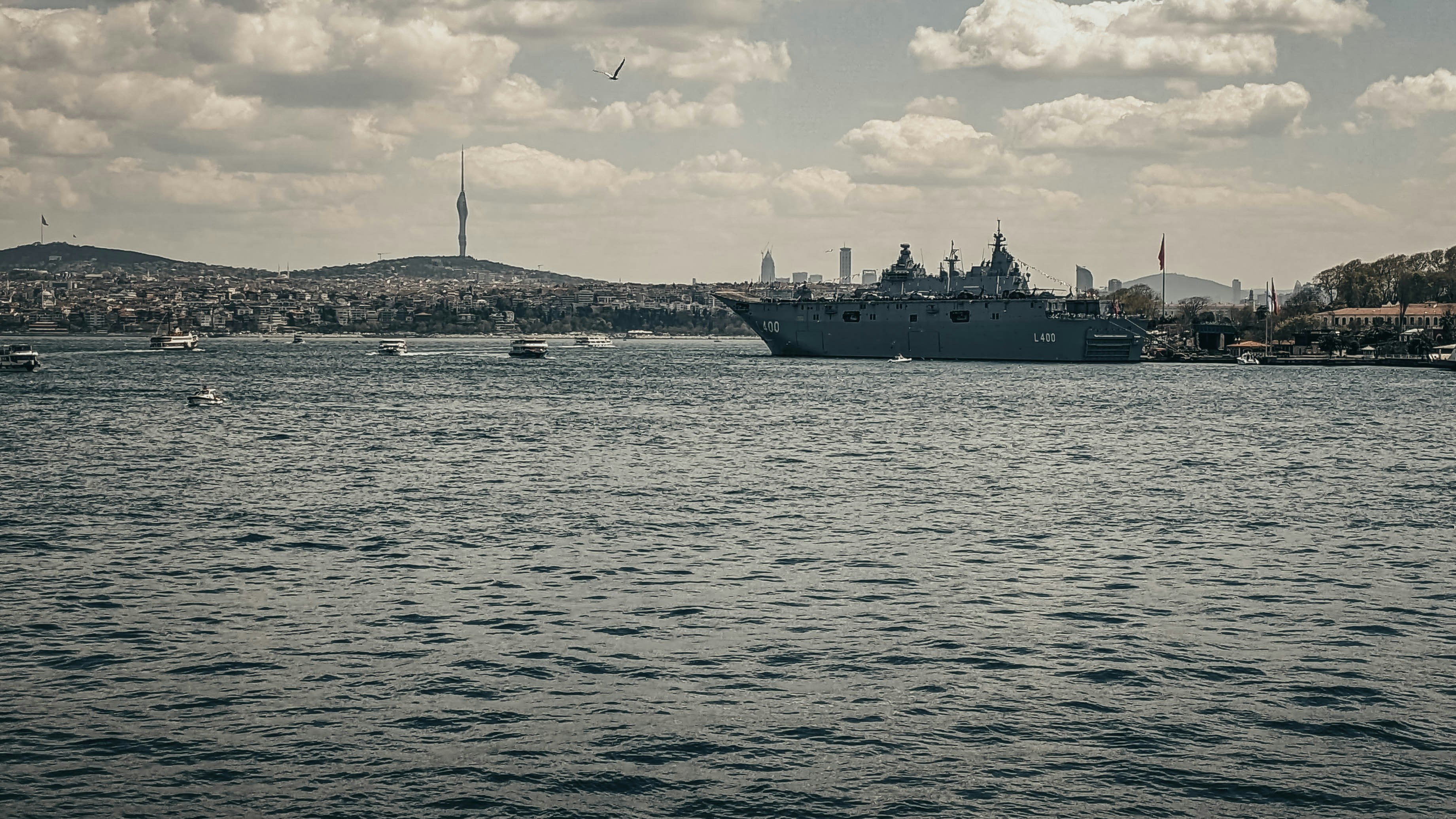 a large ship in the middle of a body of water