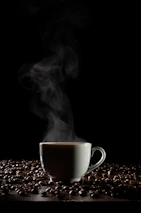 A minimalist coffee cup with steam rising, set against a textured earthy background.
