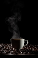 A steaming cup of coffee with a scenic Colombian backdrop.