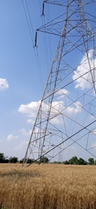 A large metal transmission tower stands in a golden wheat field under a bright blue sky with scattered white clouds. The tower's structure is interlaced with numerous wires stretching into the distance. Lush green trees are visible on the horizon.