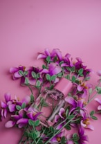 A pink perfume bottle labeled 'Orchid' is surrounded by vibrant purple flowers with green leaves, set against a pink background.