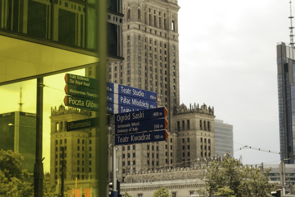 a street sign in front of a tall building