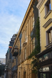 A row of historic buildings with a vintage architectural style, featuring ornate details and large windows. One building has a balcony with plants. The facade appears weathered, contrasting with a blue sky in the background. A storefront sign is visible at street level.
