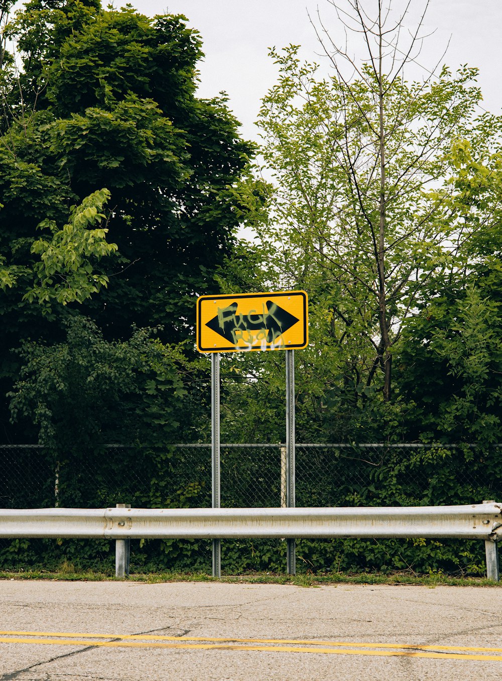 a yellow sign that is on the side of a road
