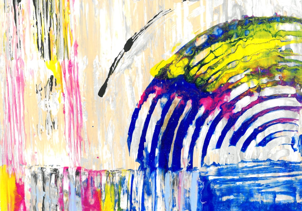 an abstract painting of a rainbow colored umbrella