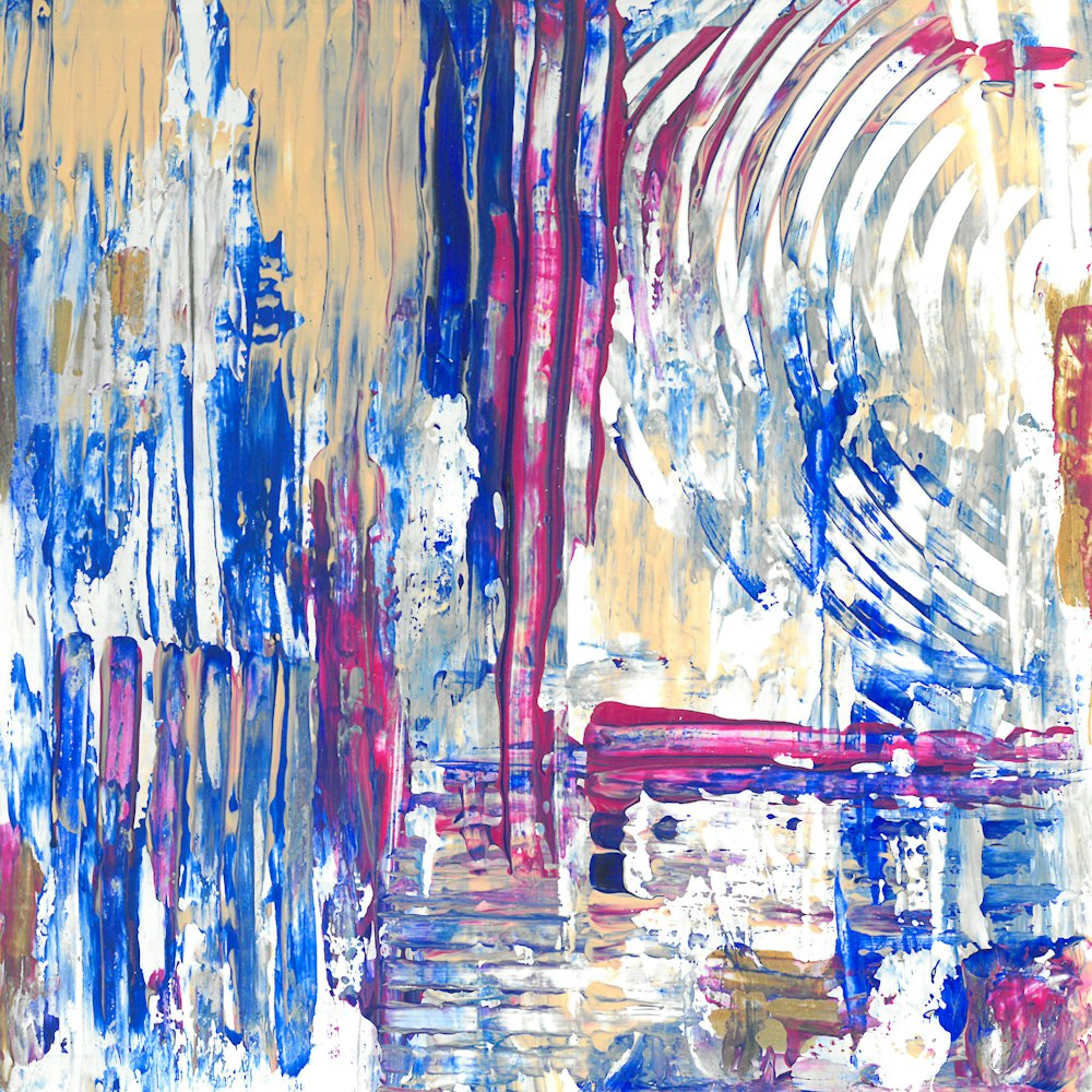 an abstract painting with blue, red, and yellow colors