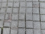 A pattern of square gray stone tiles laid out on the ground, with some gaps filled with small patches of grass. The surface texture of the tiles appears rough and slightly weathered.