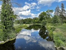 A serene river flows gently through a lush, green landscape. Trees line the riverbanks, casting reflections on the calm water's surface. The sky above is partly cloudy, with puffy white clouds contrasting against a vibrant blue background.