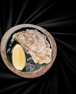 A single oyster on a half shell rests on a bed of ice inside a stone bowl, accompanied by a slice of lemon. The backdrop is a smooth, dark fabric that adds a touch of elegance to the composition.