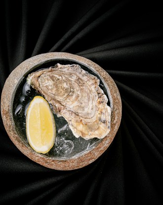 A single oyster on a half shell rests on a bed of ice inside a stone bowl, accompanied by a slice of lemon. The backdrop is a smooth, dark fabric that adds a touch of elegance to the composition.