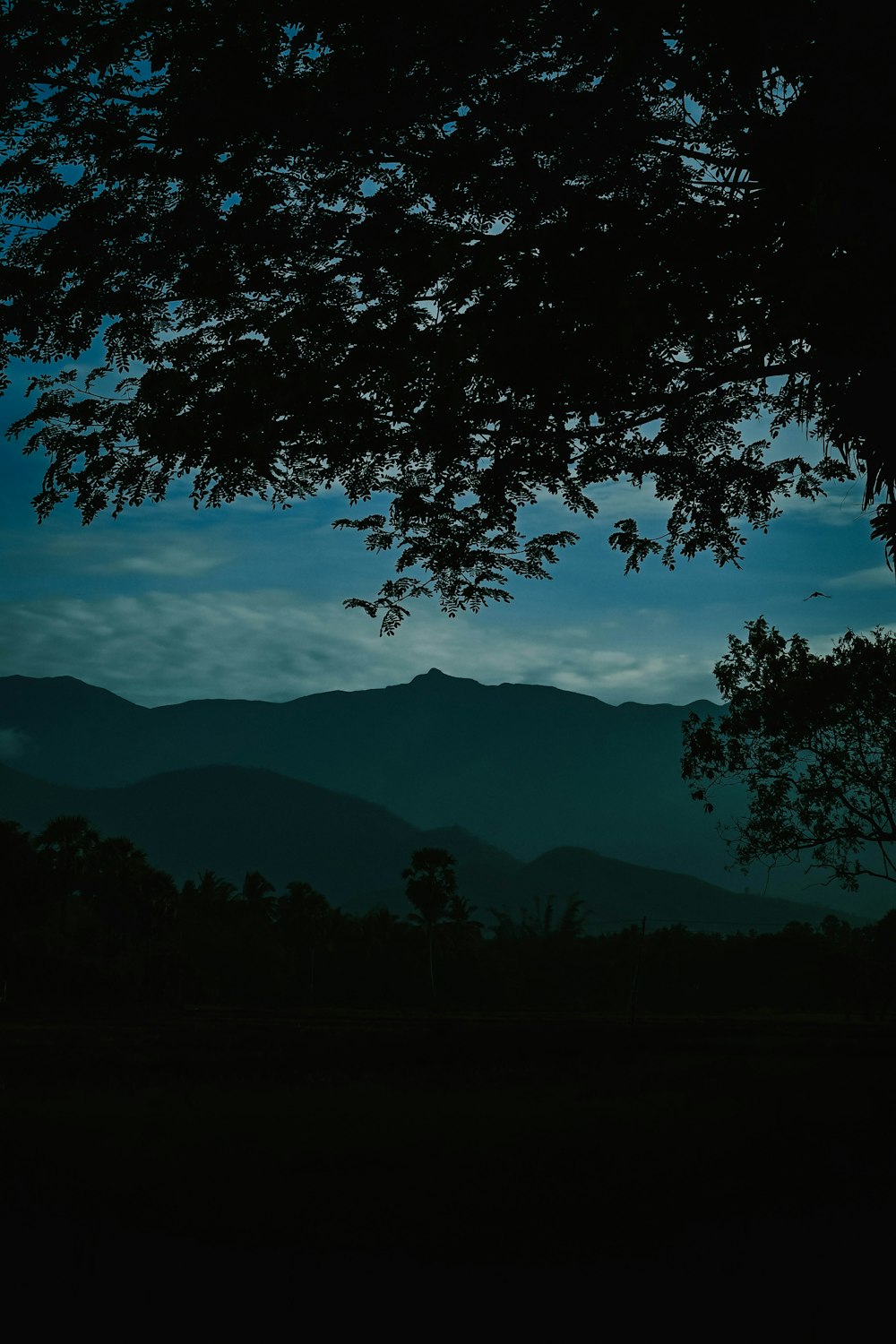 a view of a mountain range at night