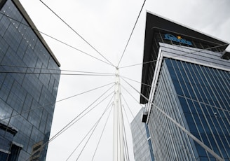 a view of two tall buildings from the ground