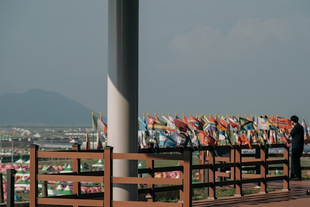 A smiling counselor discussing study options with a student surrounded by international flags.