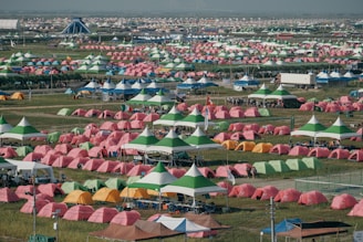 A panoramic view of the festival grounds with colorful tents and lively crowds.