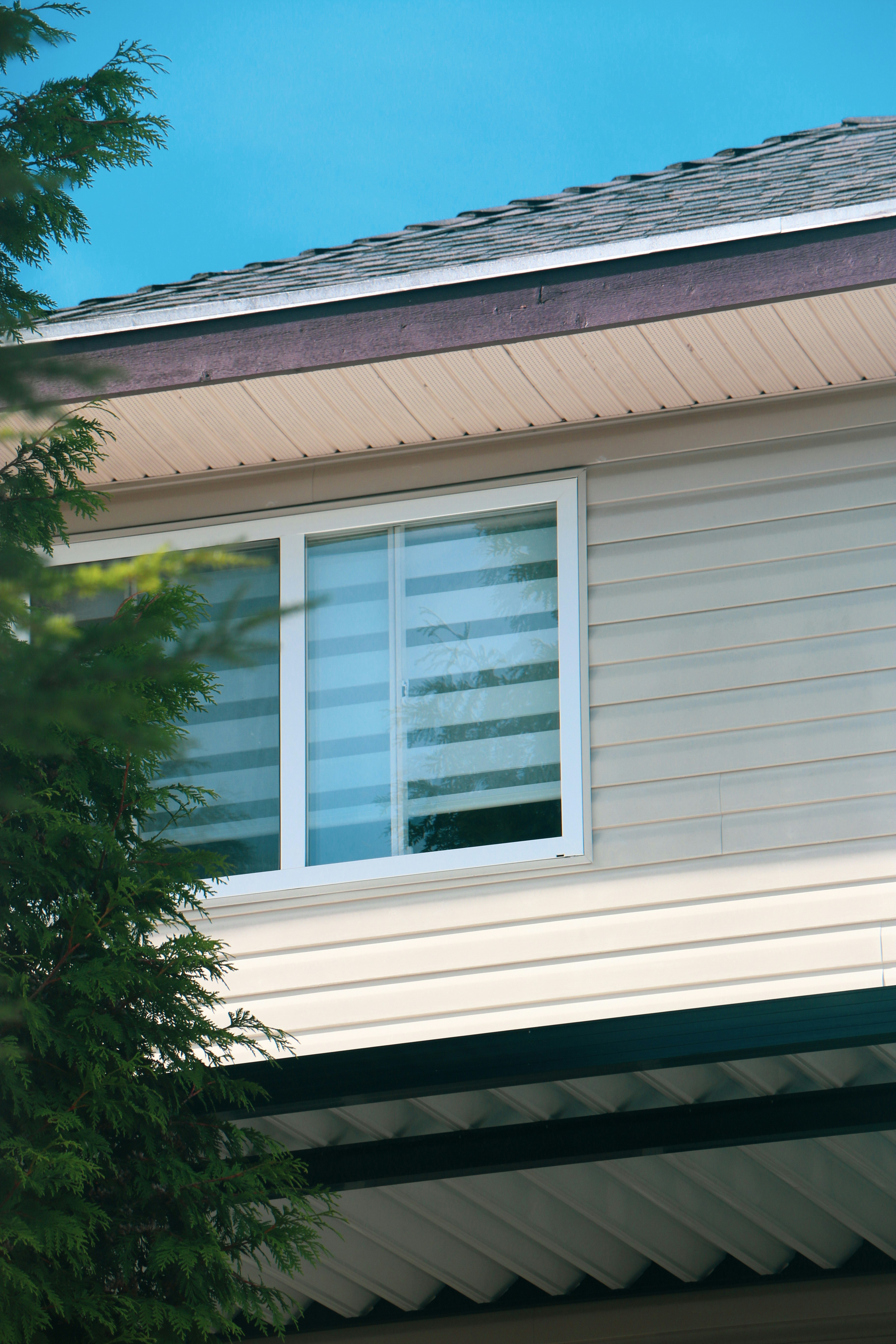 a white house with a tree in front of it