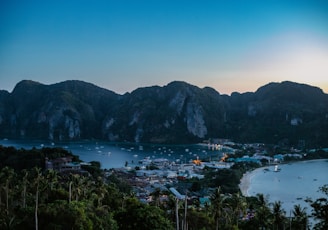 a view of a bay with boats and mountains in the background