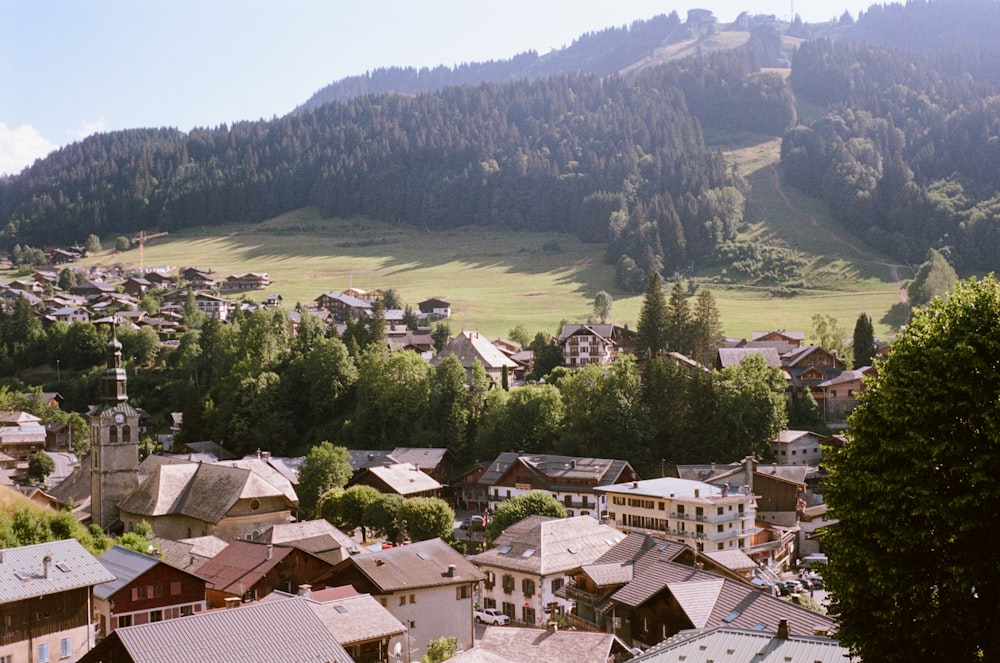 a view of a town with a mountain in the background