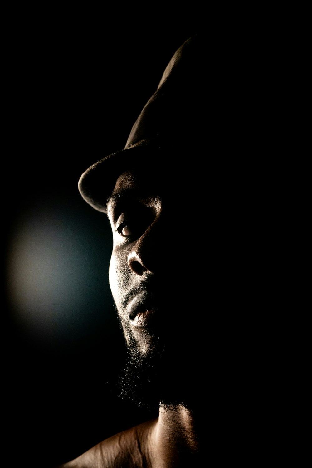 a man with a hat and beard in the dark