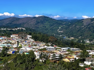 A picturesque landscape featuring a small town nestled among lush green hills. The town includes an array of colorful buildings with a backdrop of forested areas and distant mountains under a clear blue sky.