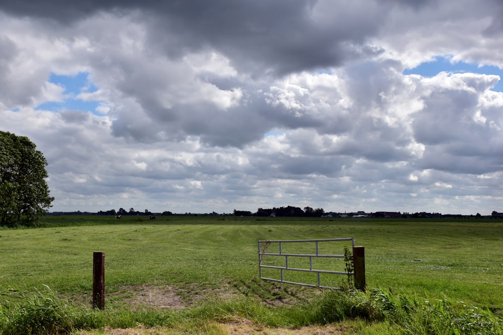 a grassy field with a gate in the middle of it