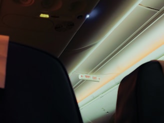 Emergency exit signs clearly illuminated inside the airplane cabin.