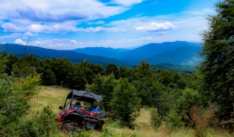 An off-road vehicle is parked in a lush, green landscape with dense forests and distant blue mountains under a partly cloudy sky. The vivid greenery and open field create a sense of adventure and tranquility.