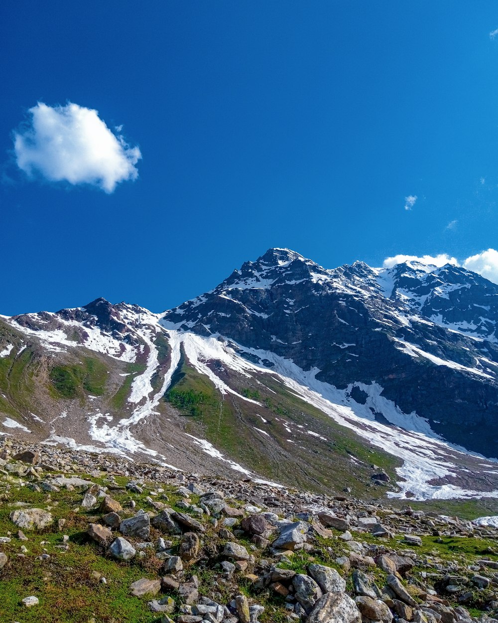 a snow covered mountain with rocks and grass