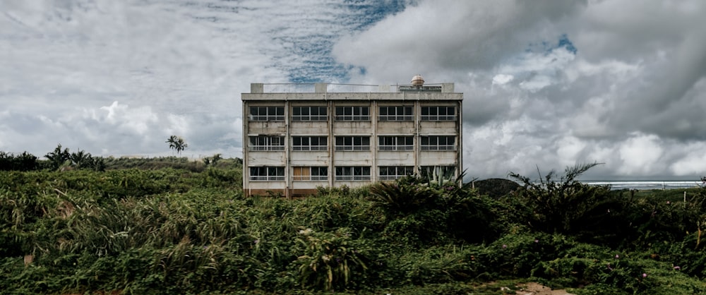 Un edificio abandonado sentado en la cima de un exuberante campo verde