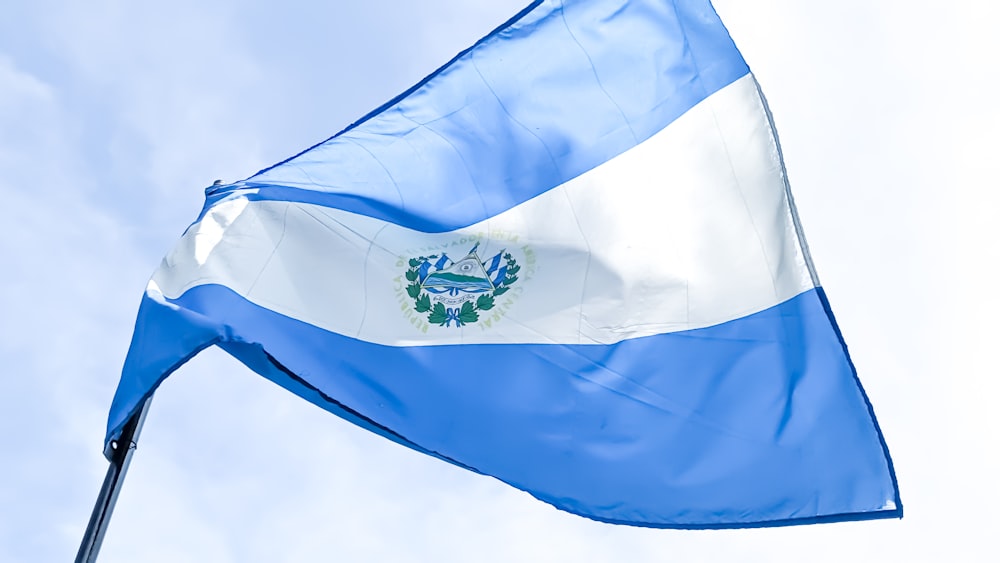a blue and white flag flying in the sky