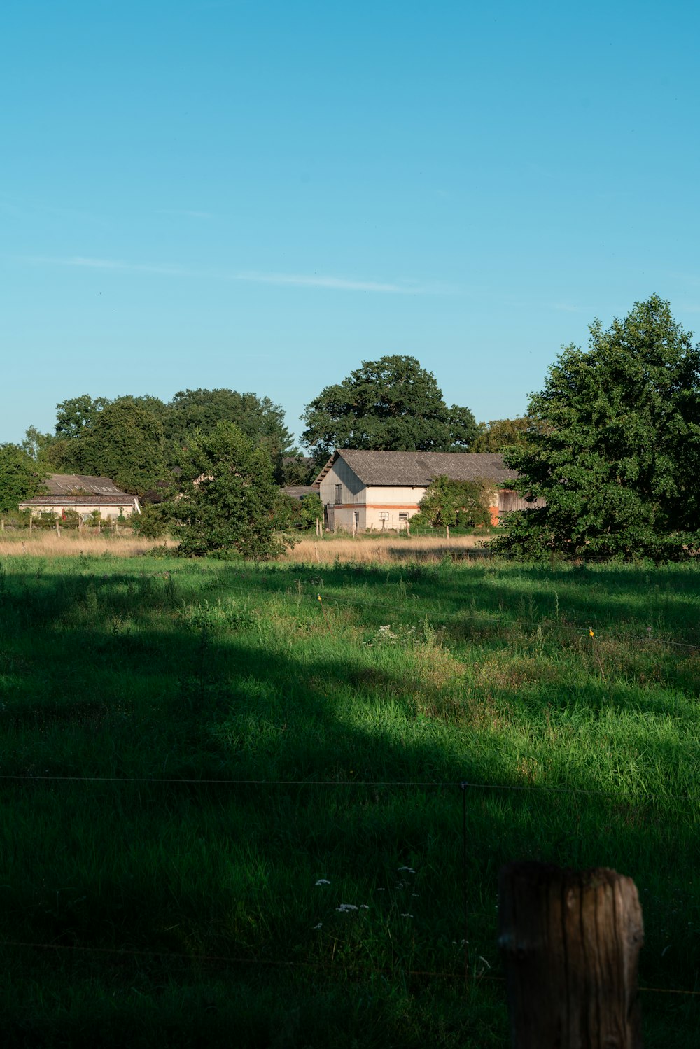 a house in a field with trees in the background