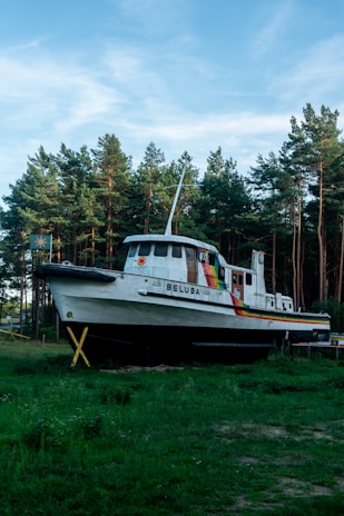 A white boat with the name 'BELuga' painted on the side, featuring a colorful rainbow stripe running along the hull, is situated on land surrounded by tall pine trees. The sky is clear with a few scattered clouds.