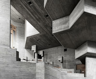 Interior shot showing brutalist-modern design with strong contrasts and negative space.