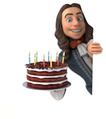 A cartoon character with long brown hair and a friendly smile is peeking from behind a white surface, holding a chocolate cake with frosting and lit candles.