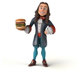 An animated character with long brown hair is dressed in historical attire, consisting of a blue coat with silver detailing, white ruffled shirt cuffs, teal pants, and brown shoes with buckles. The character is smiling and holding a large burger with lettuce, cheese, and meat in their right hand.