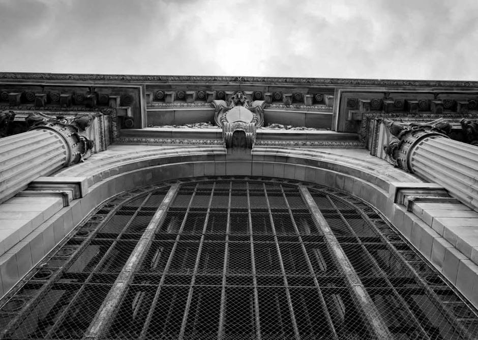 a black and white photo of the top of a building