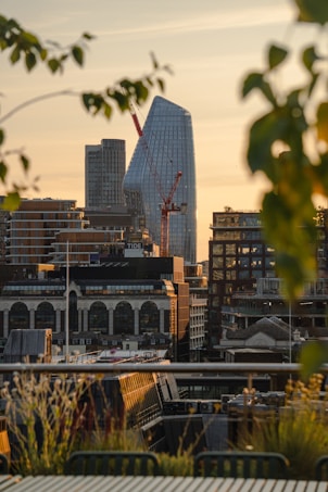 A modern cityscape at sunset, featuring a prominent glass skyscraper with a uniquely curved design. In front of the skyscraper, a red construction crane stands tall among other high-rise buildings. The foreground is framed by blurred leaves, adding depth to the scene.